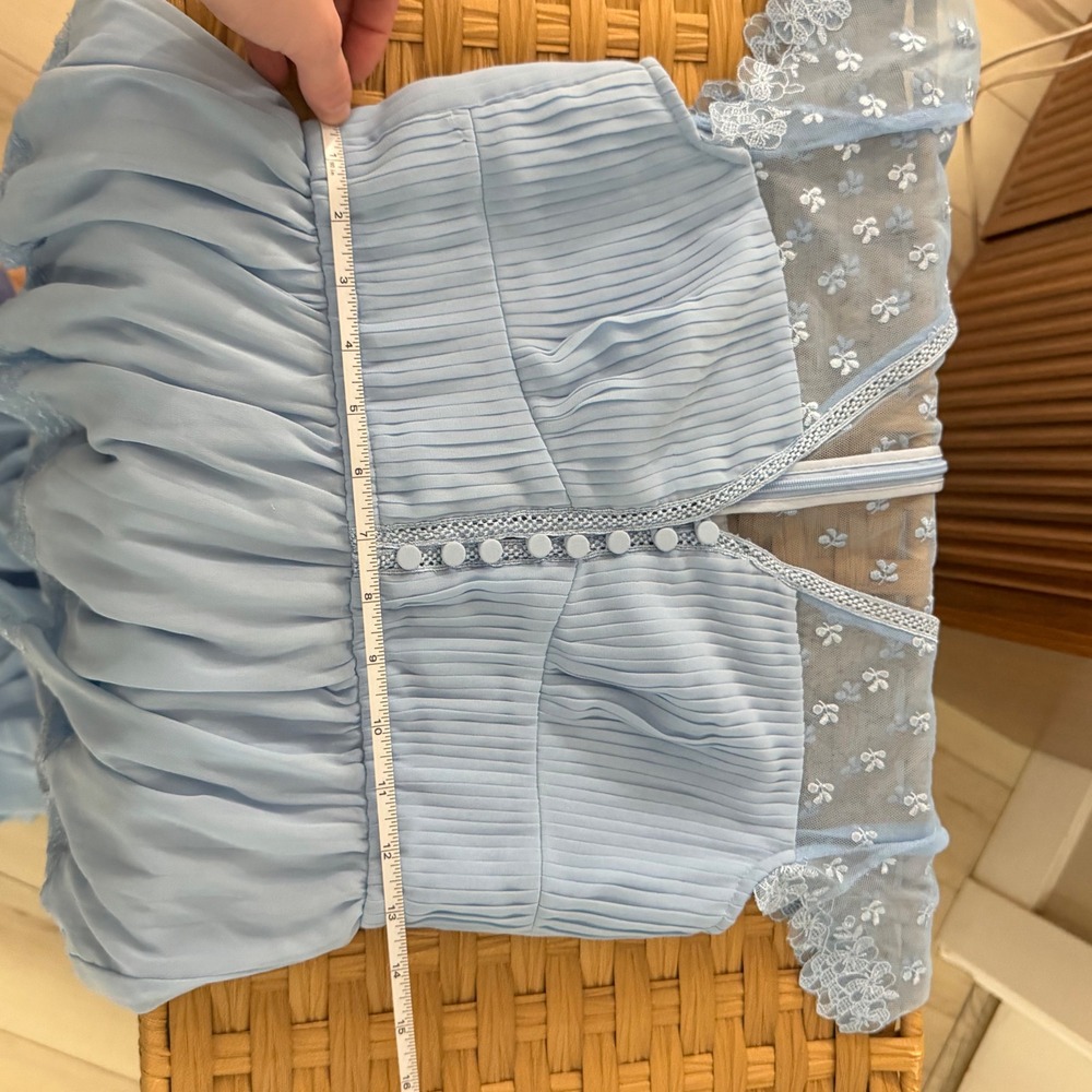 Self-Portrait Light Blue Chiffon Tiered Lace Midi Dress Pleated Short Sleeve - Picture 5 of 7